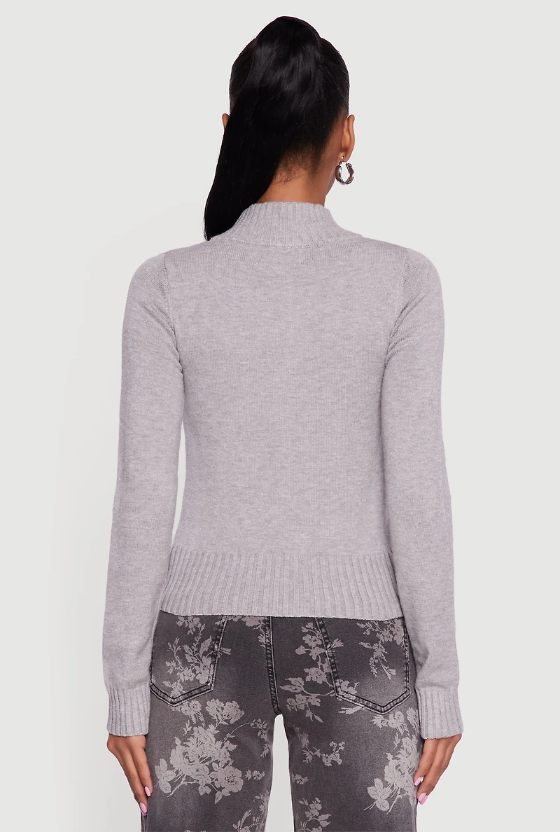 89 Graphic Mock Neck Zip Front Sweater