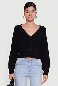 Womens Rib Knit Cropped V-Neck Button Front Cardigan, Black,
