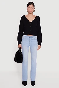 Womens Rib Knit Cropped V-Neck Button Front Cardigan, Black,