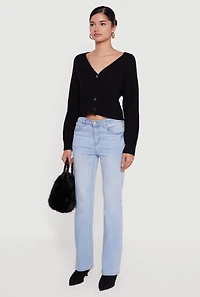 Womens Rib Knit Cropped V-Neck Button Front Cardigan, Black,