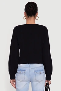 Womens Rib Knit Cropped V-Neck Button Front Cardigan, Black,