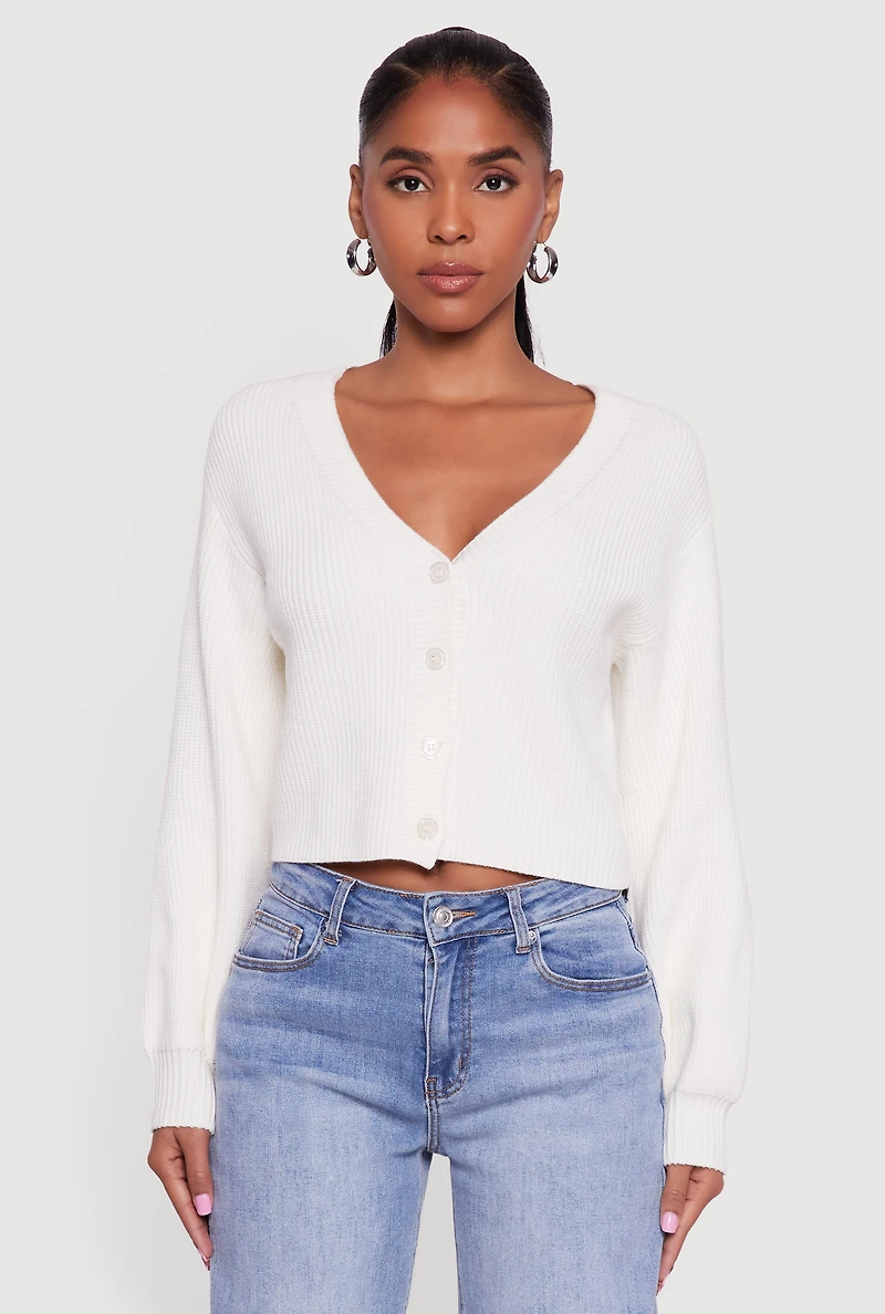 Womens Rib Knit Cropped V-Neck Button Front Cardigan, White, Size S