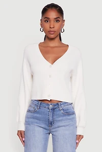 Womens Rib Knit Cropped V-Neck Button Front Cardigan, White, Size S