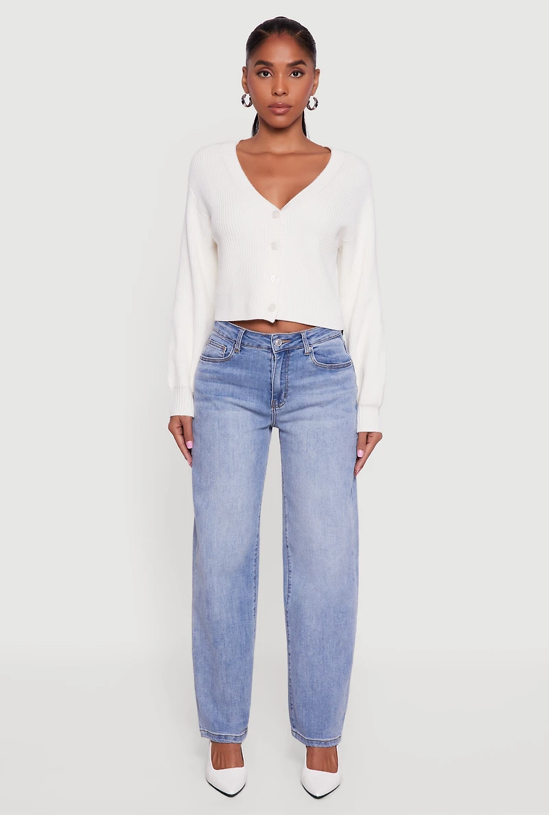 Womens Rib Knit Cropped V-Neck Button Front Cardigan, White, Size S