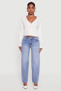 Womens Rib Knit Cropped V-Neck Button Front Cardigan, White, Size S