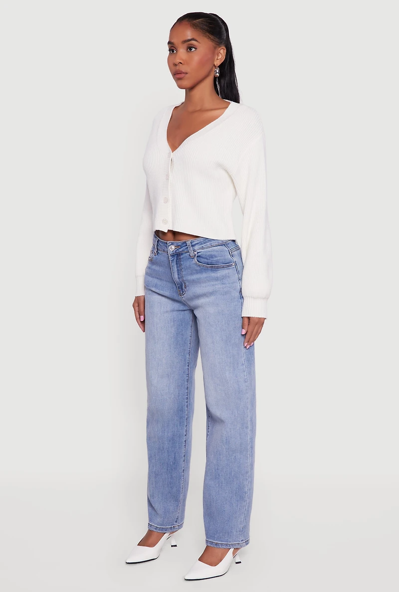 Womens Rib Knit Cropped V-Neck Button Front Cardigan, White, Size S