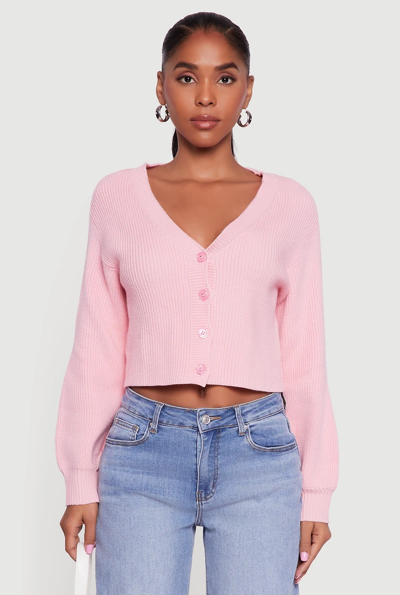 Rib Knit Cropped V-Neck Button Front Cardigan