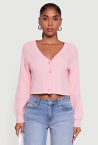 Rib Knit Cropped V-Neck Button Front Cardigan