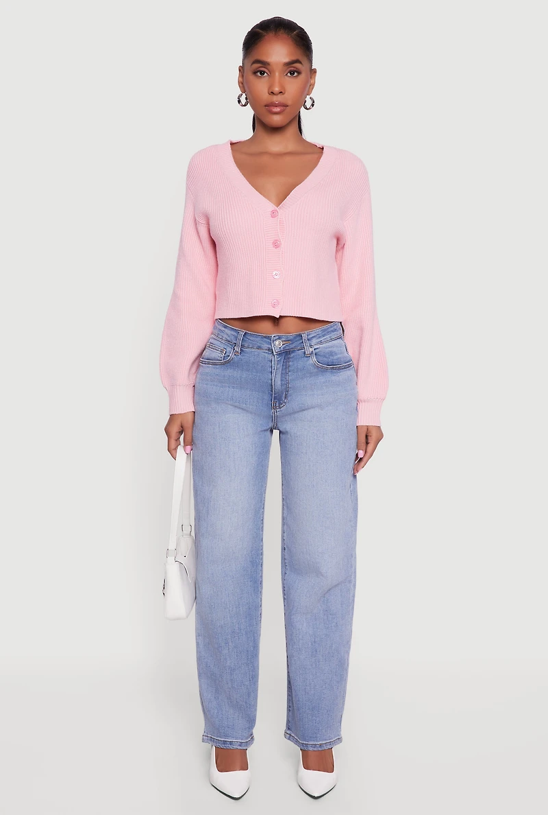 Rib Knit Cropped V-Neck Button Front Cardigan