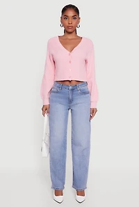 Rib Knit Cropped V-Neck Button Front Cardigan