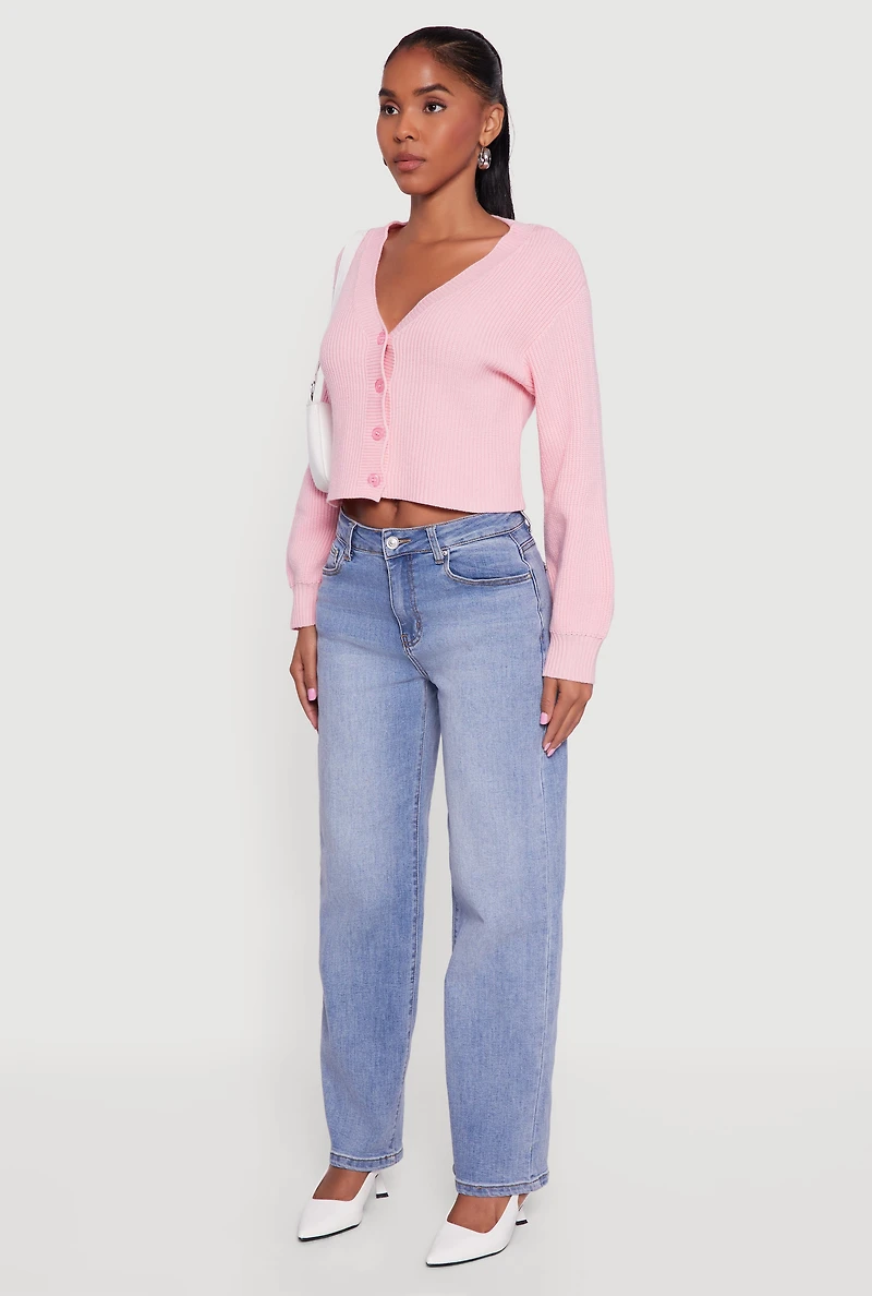 Rib Knit Cropped V-Neck Button Front Cardigan