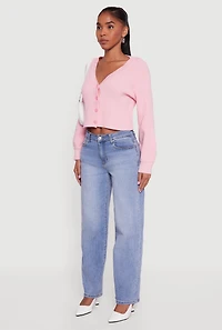 Rib Knit Cropped V-Neck Button Front Cardigan