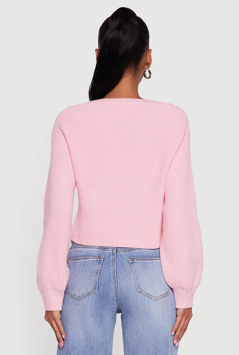 Rib Knit Cropped V-Neck Button Front Cardigan