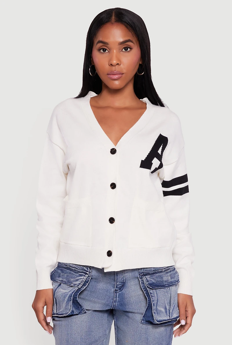 A Initial Button Front Varsity Cardigan