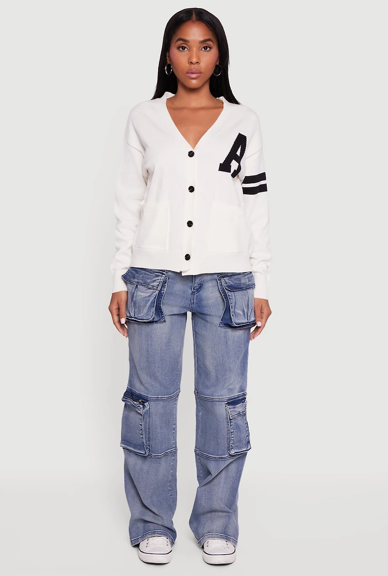 A Initial Button Front Varsity Cardigan