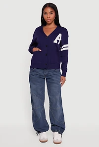 Womens A Initial Button Front Varsity Cardigan, Blue, Size L