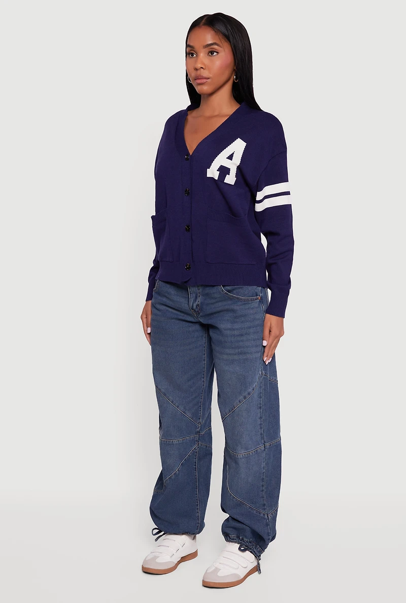 Womens A Initial Button Front Varsity Cardigan, Blue, Size L