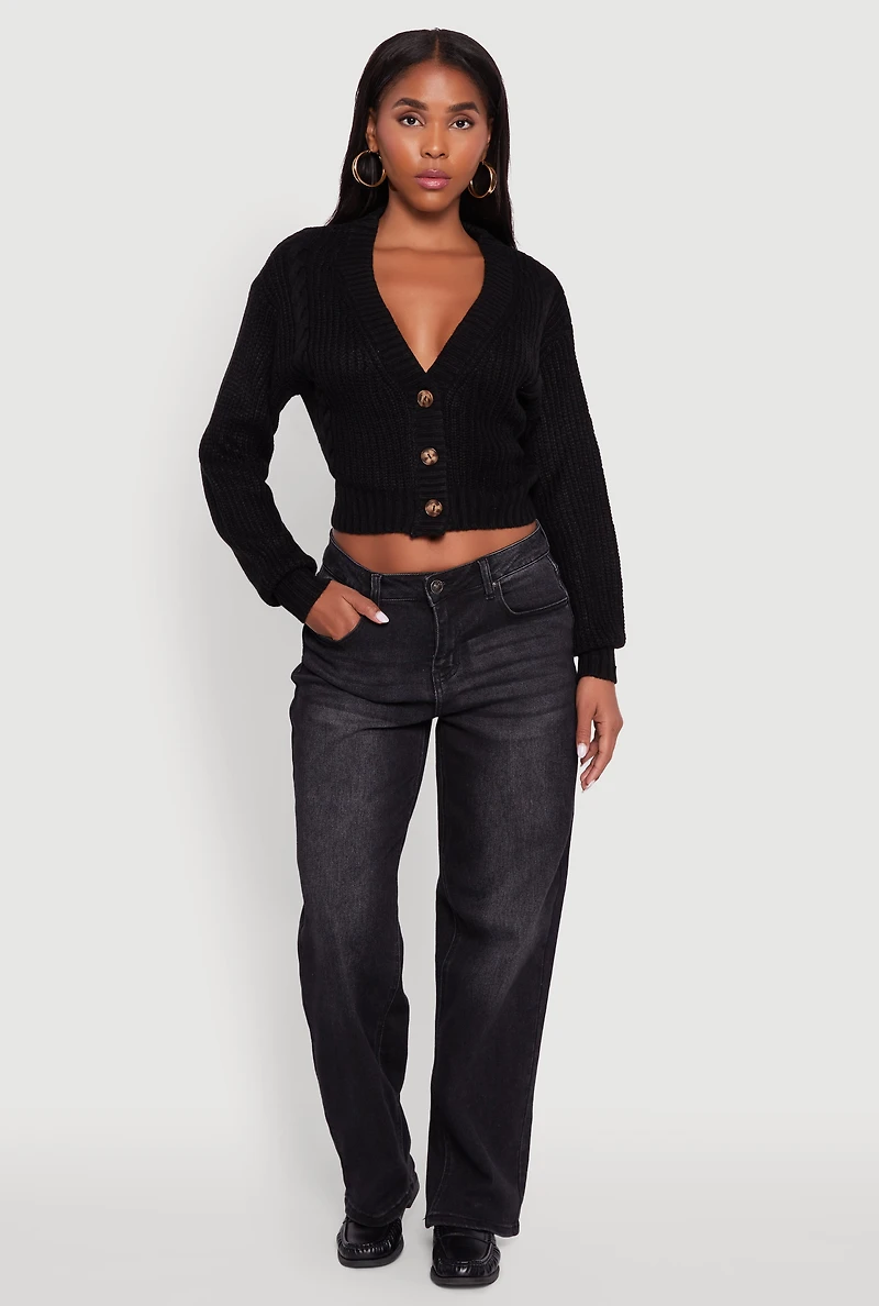 Womens Cable Knit Cropped Button Front Long Sleeve Cardigan, Black, Size L