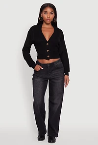 Womens Cable Knit Cropped Button Front Long Sleeve Cardigan, Black, Size L