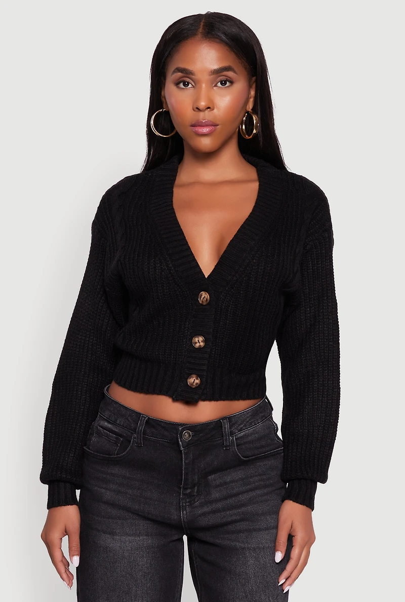 Womens Cable Knit Cropped Button Front Long Sleeve Cardigan, Black, Size L