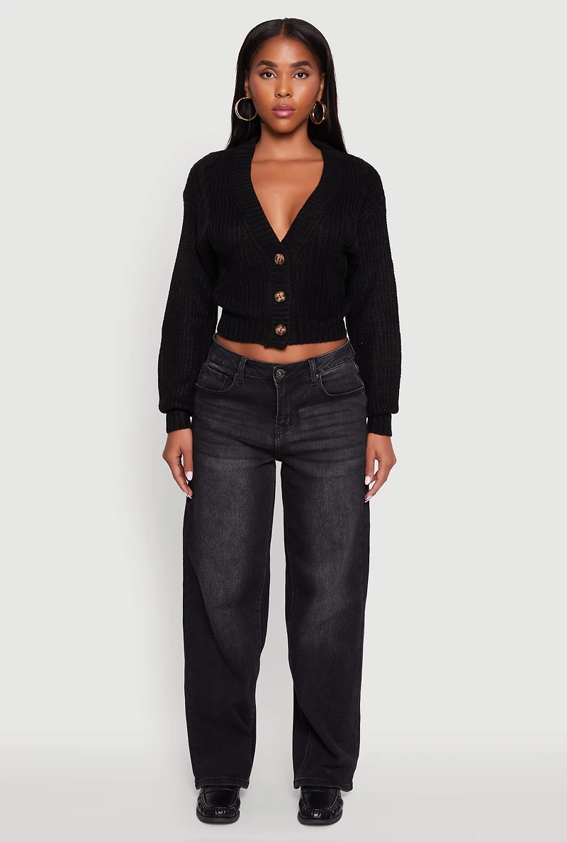Womens Cable Knit Cropped Button Front Long Sleeve Cardigan, Black, Size L