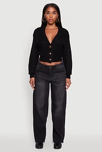 Womens Cable Knit Cropped Button Front Long Sleeve Cardigan, Black, Size L