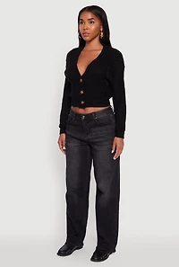 Womens Cable Knit Cropped Button Front Long Sleeve Cardigan, Black, Size L
