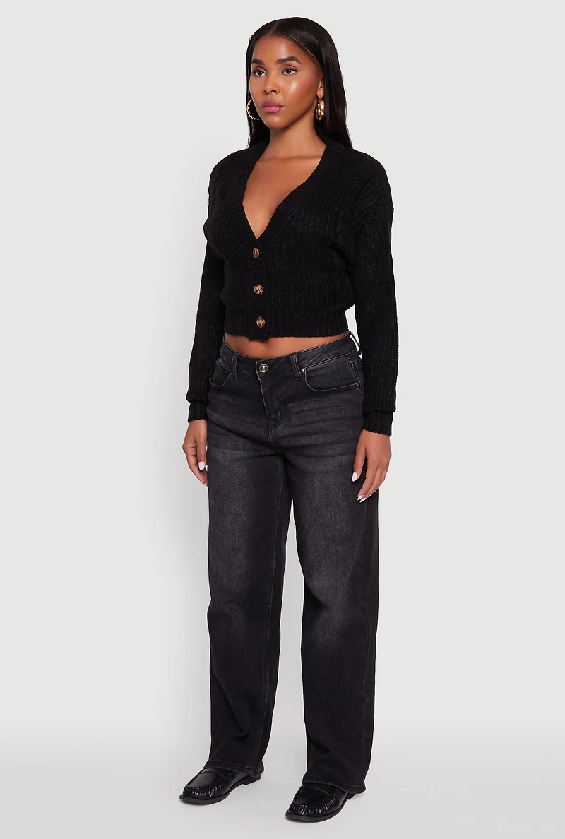 Womens Cable Knit Cropped Button Front Long Sleeve Cardigan, Black, Size M