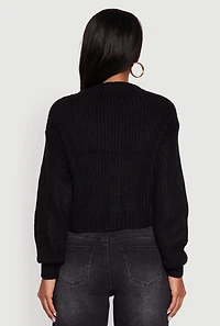Womens Cable Knit Cropped Button Front Long Sleeve Cardigan, Black, Size L