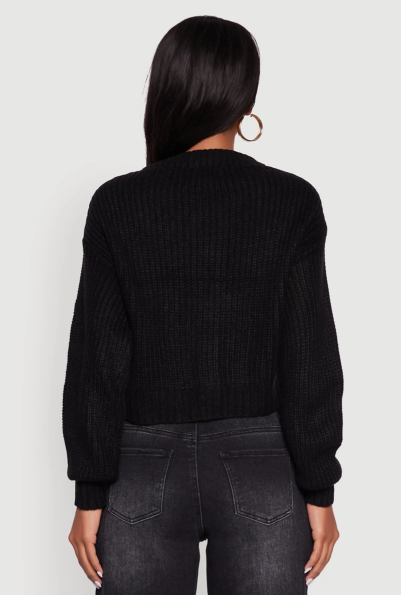 Womens Cable Knit Cropped Button Front Long Sleeve Cardigan, Black, Size M