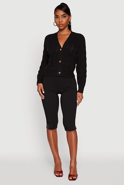 Womens Pointelle Detail Cable Knit Button Front Cardigan,