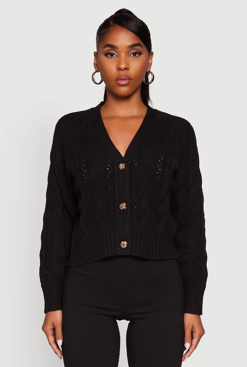 Womens Pointelle Detail Cable Knit Button Front Cardigan, Black, Size S