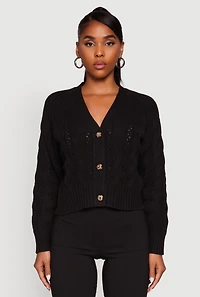 Womens Pointelle Detail Cable Knit Button Front Cardigan, Black, Size S