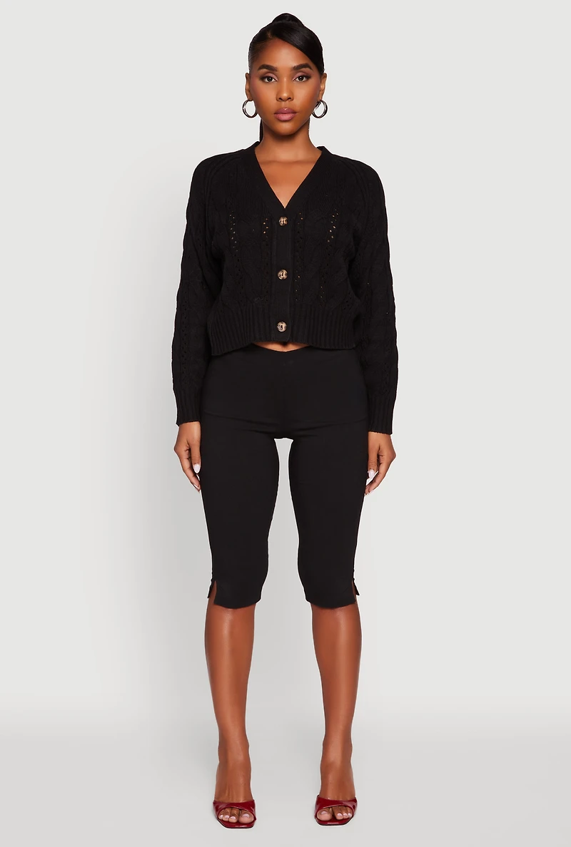 Womens Pointelle Detail Cable Knit Button Front Cardigan, Black, Size S