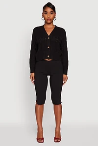 Womens Pointelle Detail Cable Knit Button Front Cardigan, Black, Size S