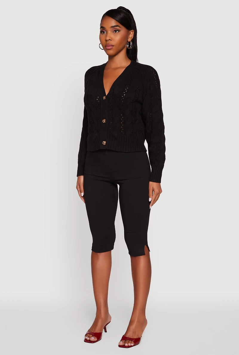 Womens Pointelle Detail Cable Knit Button Front Cardigan, Black, Size S