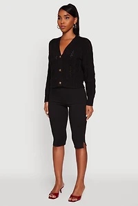 Womens Pointelle Detail Cable Knit Button Front Cardigan, Black, Size S