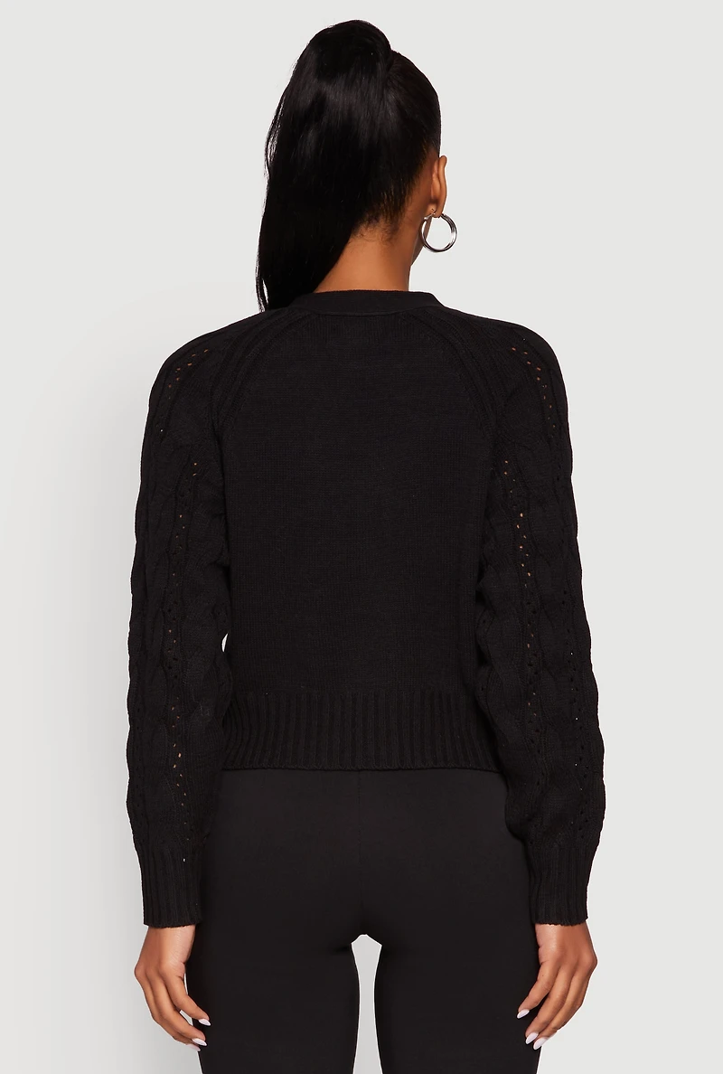Womens Pointelle Detail Cable Knit Button Front Cardigan, Black, Size S