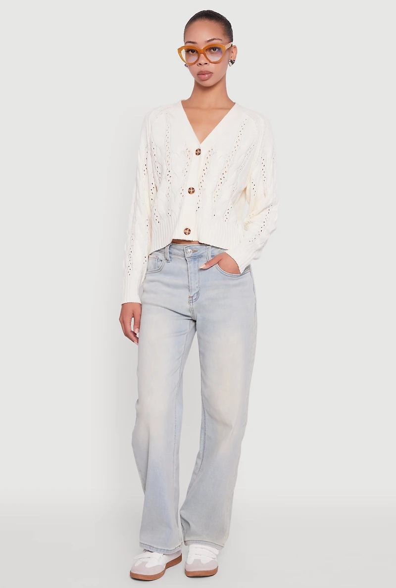Womens Pointelle Detail Cable Knit Button Front Cardigan, White,