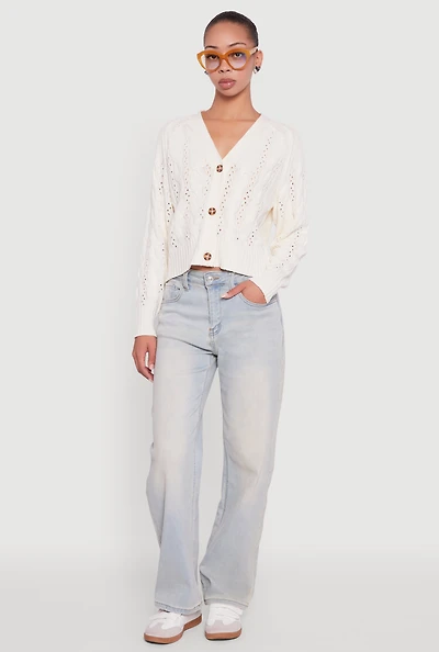 Womens Pointelle Detail Cable Knit Button Front Cardigan, White,