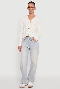 Womens Pointelle Detail Cable Knit Button Front Cardigan, White,