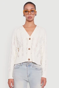 Womens Pointelle Detail Cable Knit Button Front Cardigan, White,