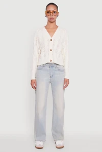 Womens Pointelle Detail Cable Knit Button Front Cardigan, White,
