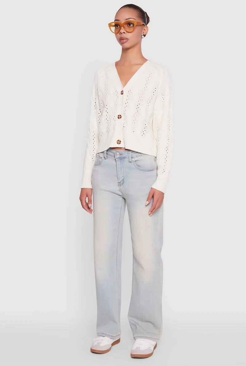 Womens Pointelle Detail Cable Knit Button Front Cardigan, White,