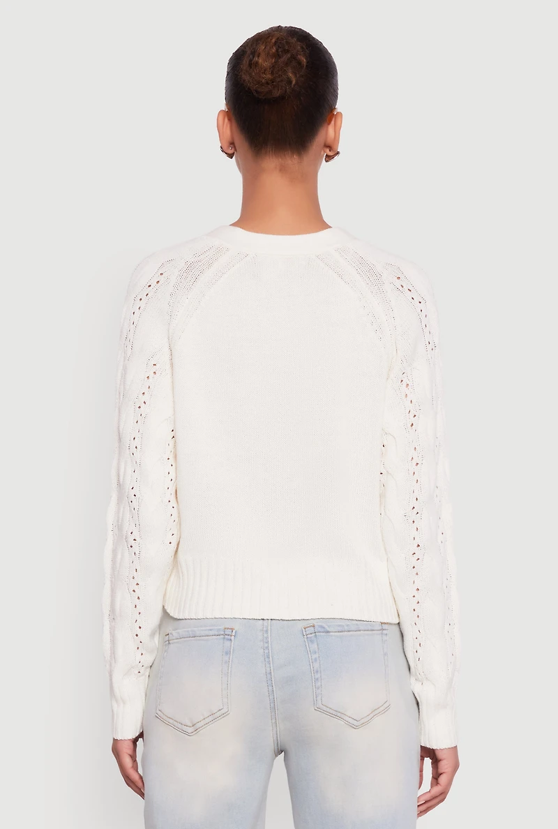 Womens Pointelle Detail Cable Knit Button Front Cardigan, White,