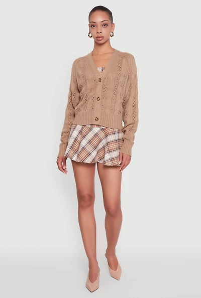 Womens Pointelle Detail Cable Knit Button Front Cardigan, Beige,