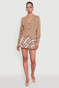 Womens Pointelle Detail Cable Knit Button Front Cardigan, Beige,