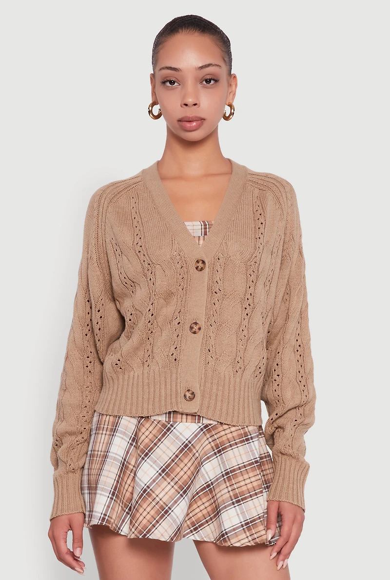 Womens Pointelle Detail Cable Knit Button Front Cardigan, Beige,