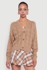 Womens Pointelle Detail Cable Knit Button Front Cardigan, Beige,