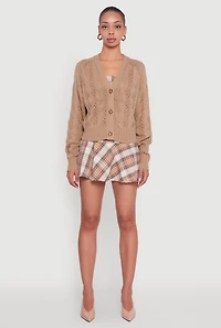 Womens Pointelle Detail Cable Knit Button Front Cardigan, Beige,